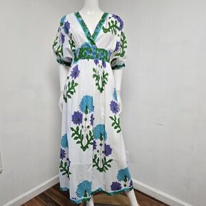 La Plage Maxi Dress Floral Short Sleeve V-Neck Resort Size S Faux Wrap Pockets